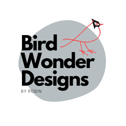 grey circle with an outlined Bird wearing superhero mask, with the words Bird Wonder Designs By Robin are below.